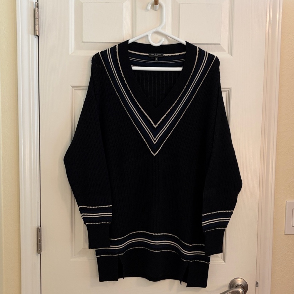rag & bone Black V-Neck Varsity Sweater with White and Blue Stripes Size XS